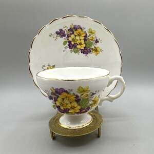 Violets England Bone China Floral Tea Footed Cup & Saucer Set Gold Trim 2-Piece